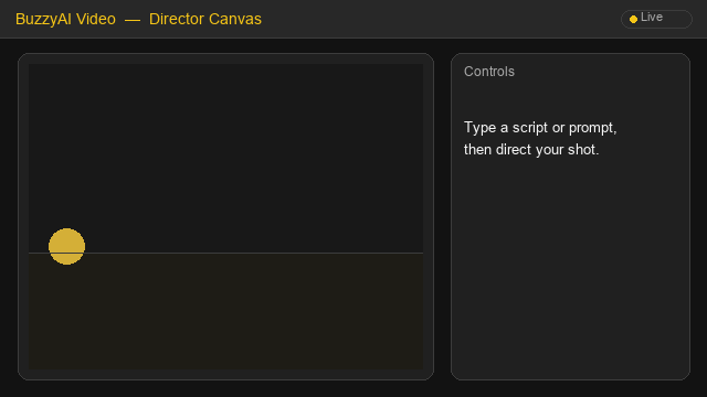BuzzyAI Video Director Canvas demo showing storyboard, camera and lighting controls generating a clip